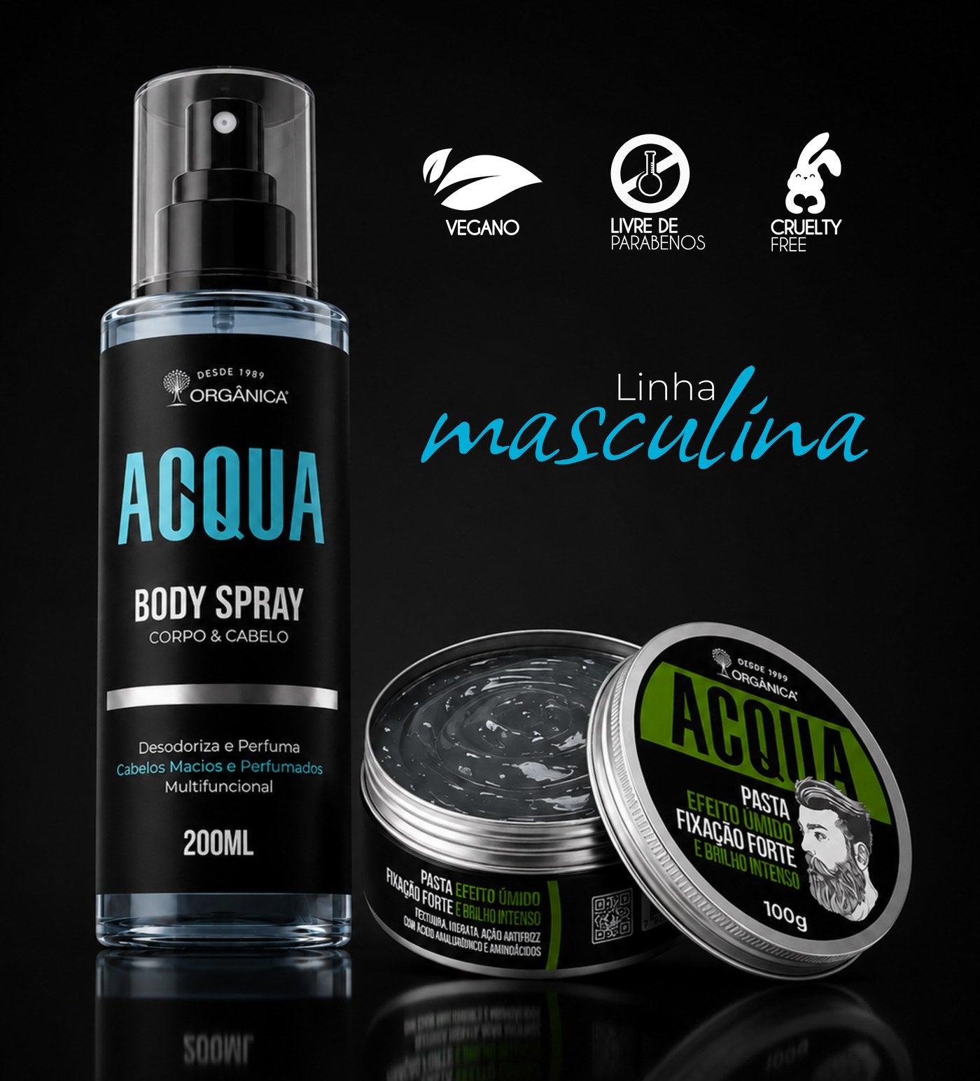 Acqua Body Spray e Acqua Pasta Efeito Úmido, linha masculina Orgânica