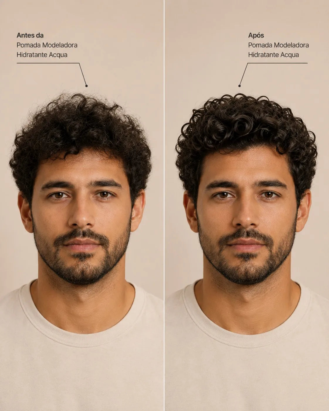 Antes e depois da Pomada Acqua For Men — cabelo cacheado modelado