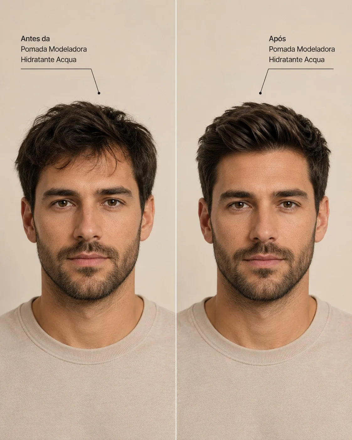 Antes e depois da Pomada Acqua For Men — cabelo liso alinhado