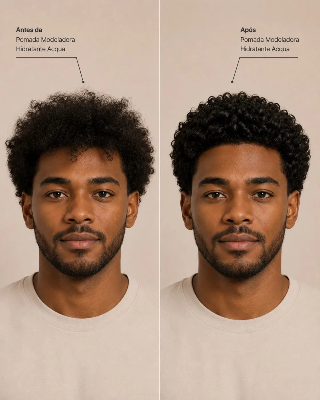 Antes e depois da Pomada Acqua For Men — cabelo crespo definido