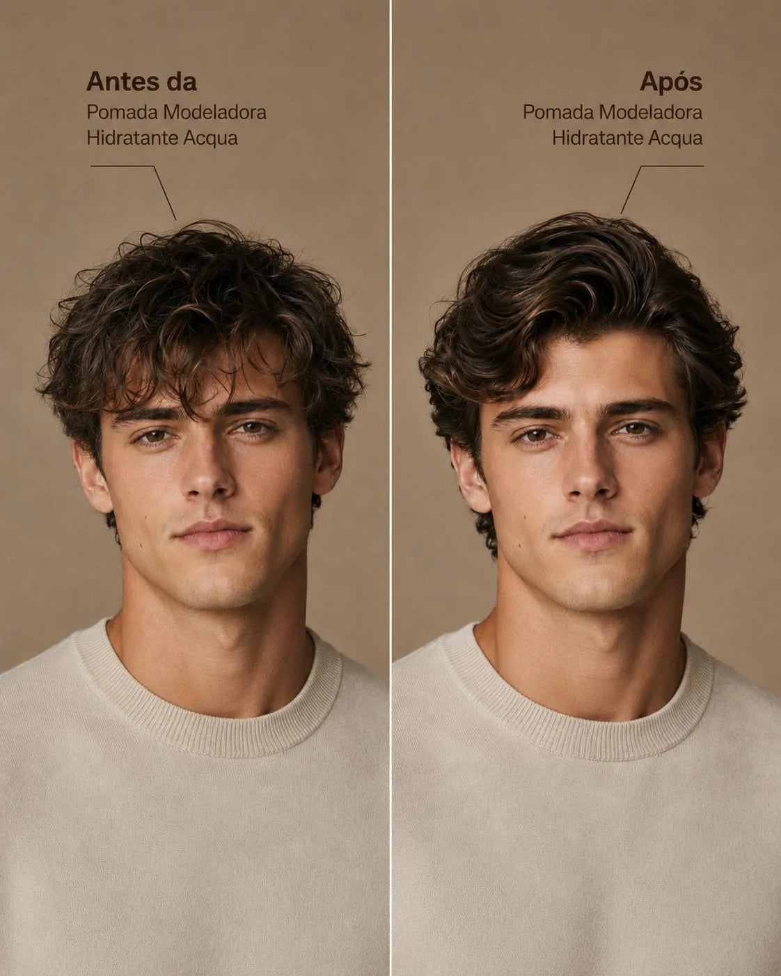 Antes e depois da Pomada Acqua For Men — cabelo ondulado modelado